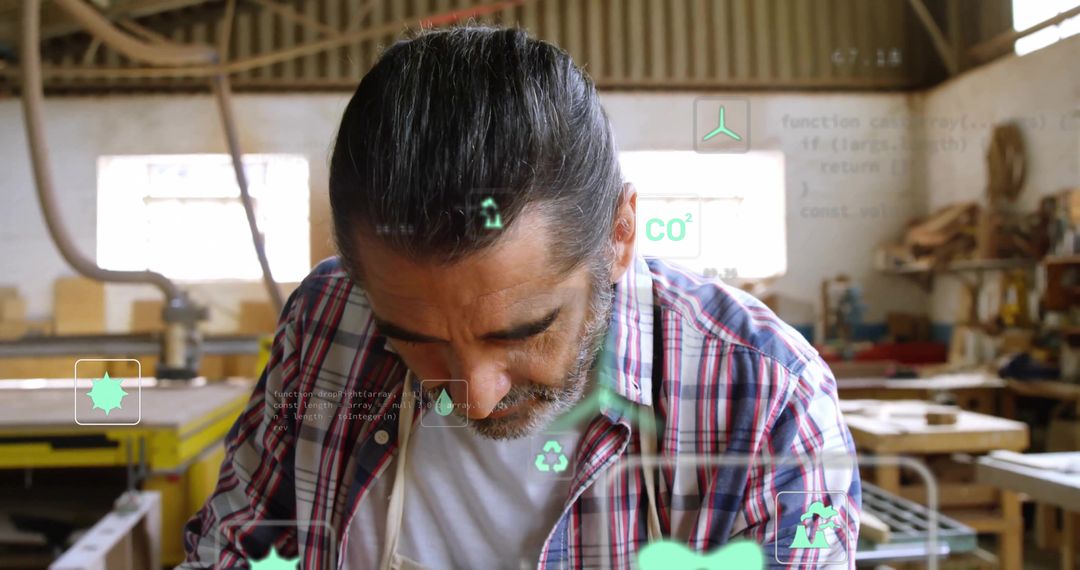 Veteran Craftsman with Digital Interface in Woodworking Workshop