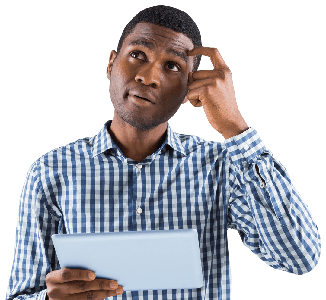 Thoughtful Young Professional Holding Tablet on Transparent Background