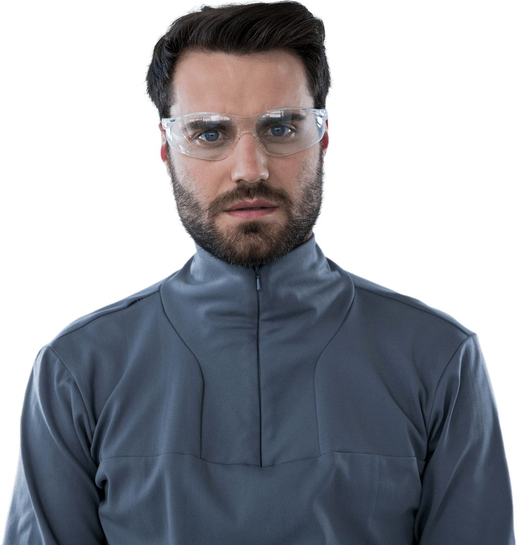 Transparent Portrait of Man in Safety Glasses on Isolated Background