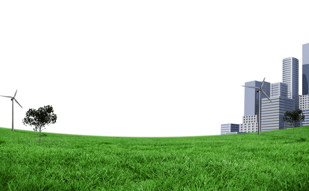 Transparent Cityscape with Grass Meadow and Wind Turbines