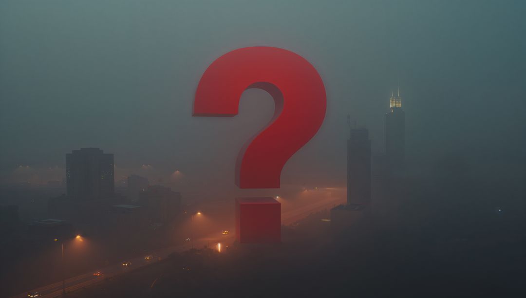 Floating Red Question Mark Above Foggy Cityscape at Dusk