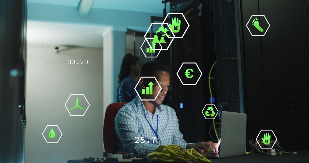 Engineer Analyzing Data with Digital Technology Icons in Server Room
