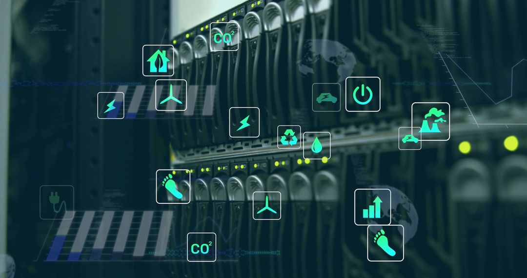 Eco-Friendly Technology Icons Displayed Over Servers