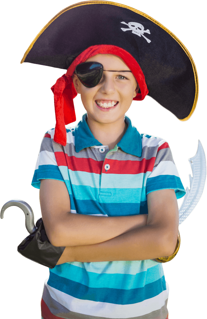 Smiling Pirate Boy with Eyepatch and Pirate Hat in Costume