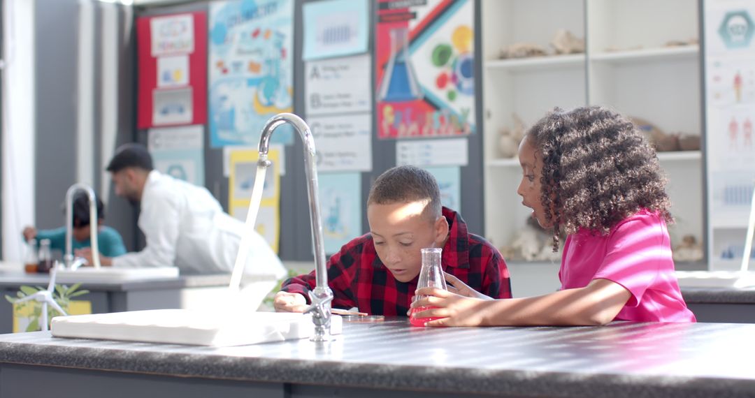 Diverse Students Conducting Experiment in School Science Lab