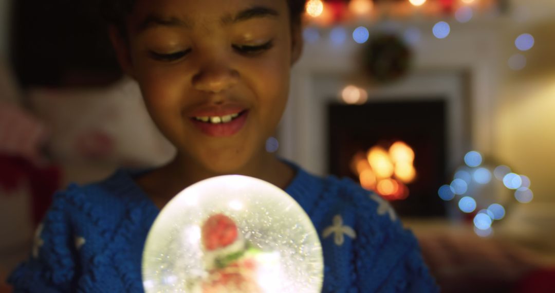 Child in Blue Sweater Holding Snow Globe in Cozy Living Room - Free Images, Stock Photos and Pictures on Pikwizard.com