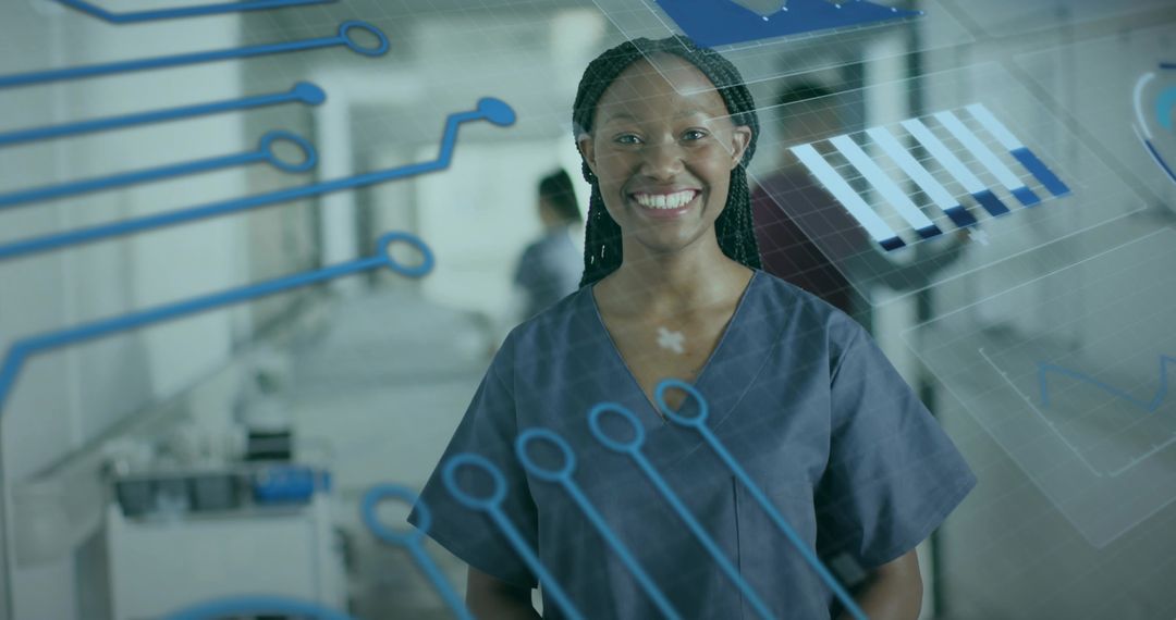 Smiling Nurse Interacts with Augmented Reality in Modern Hospital