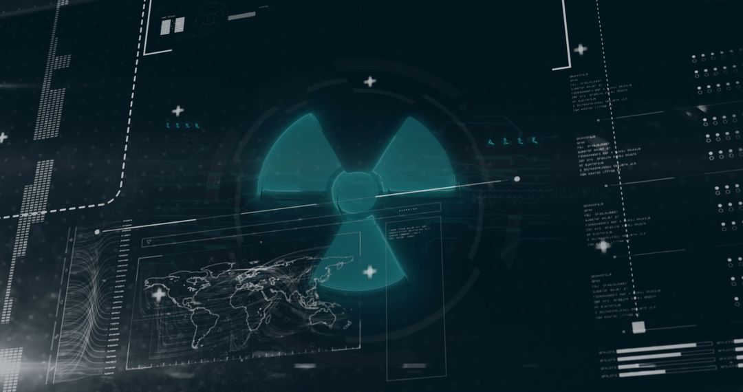 Futuristic Cybersecurity Interface with Nuclear Symbol and World Map