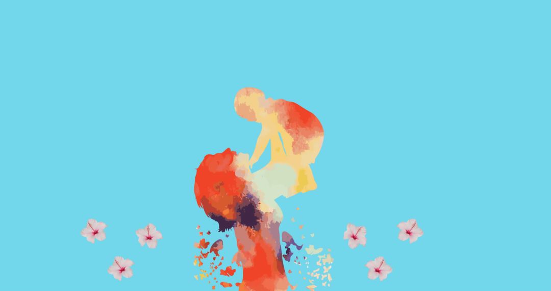 Warm Mother-Child Silhouette with Floating Flowers on Blue