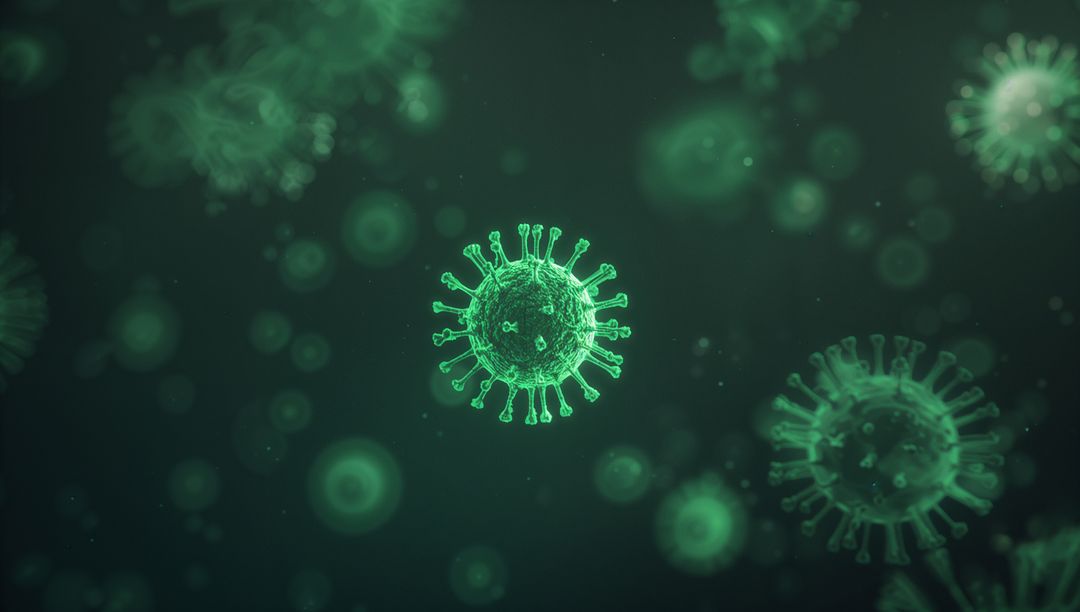 Floating Glowing Virus Particles in Microscopic View