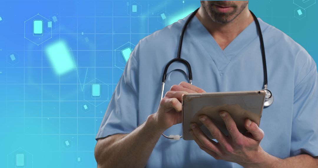 Doctor Using Tablet with Digital Medical Icons Overlay