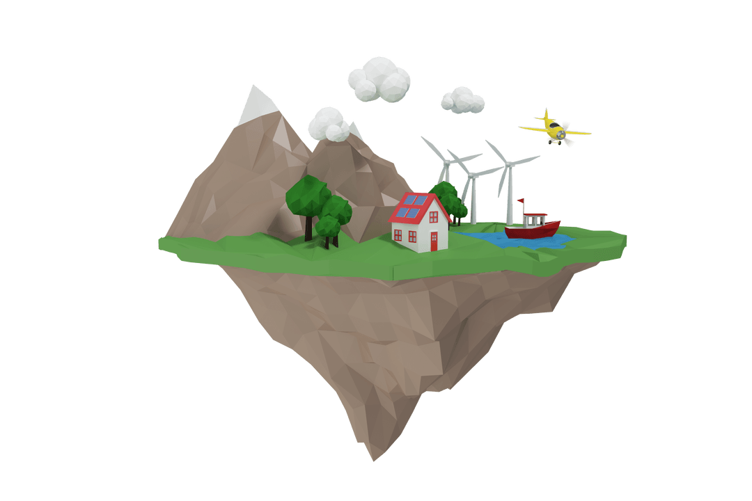Floating Earth Fragment with Renewable Energy Sources on Transparent Background
