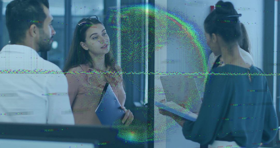 Business Team Discussing Project by Glass Wall Showing Digital Glitch Overlay