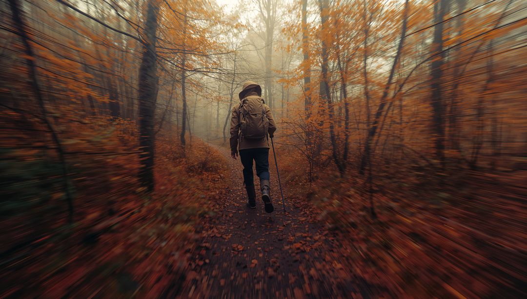 Lone Hiker Traversing Enigmatic Autumn Woodland Trail
