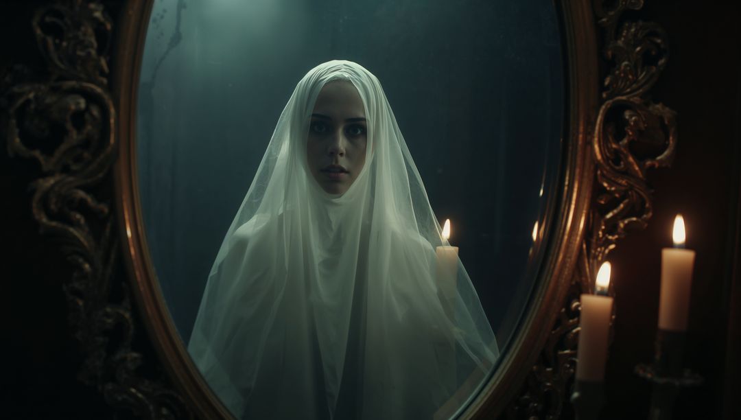 Ethereal Veiled Figure Reflected in Gothic Mirror by Candlelight
