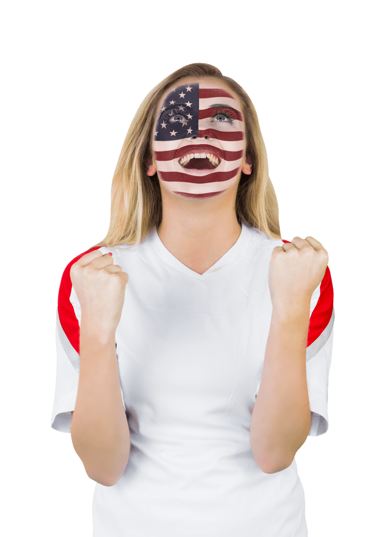 Ecstatic Fan with American Flag Face Paint Transparent Background