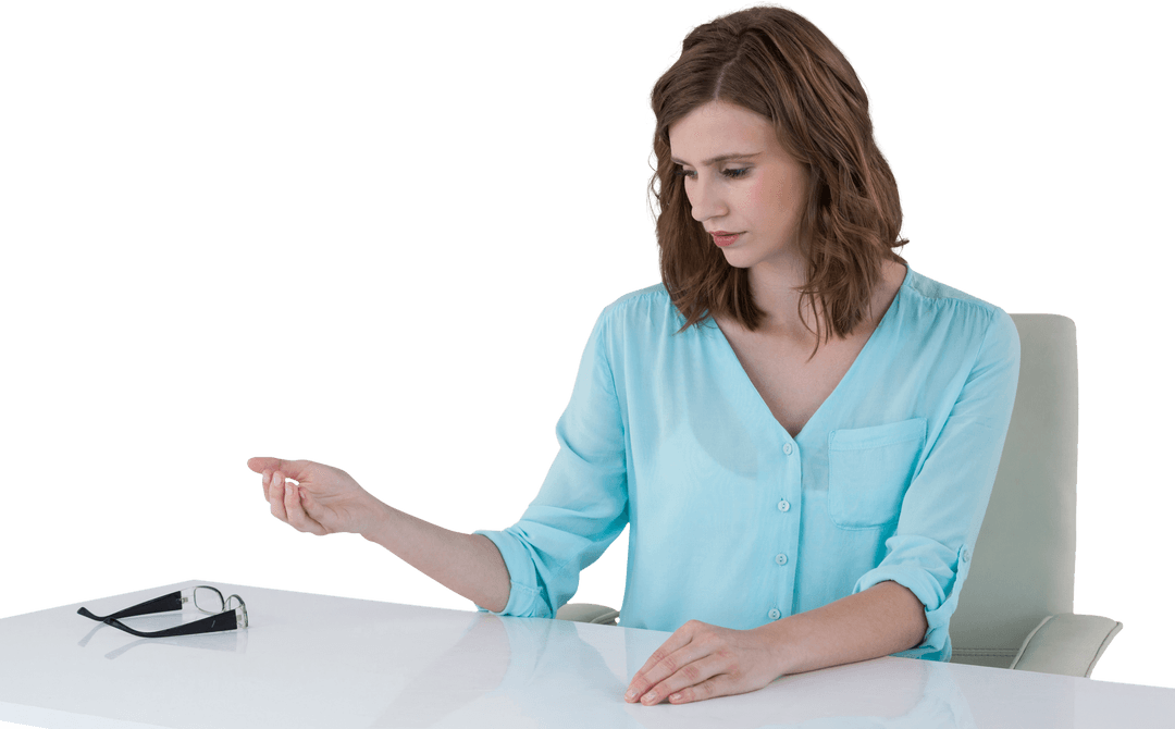 Businesswoman Using Transparent Digital Interface at Desk