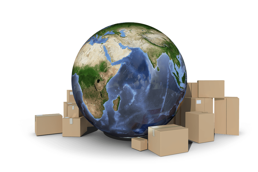 Transparent Globe Surrounded by Cardboard Boxes for Global Shipping