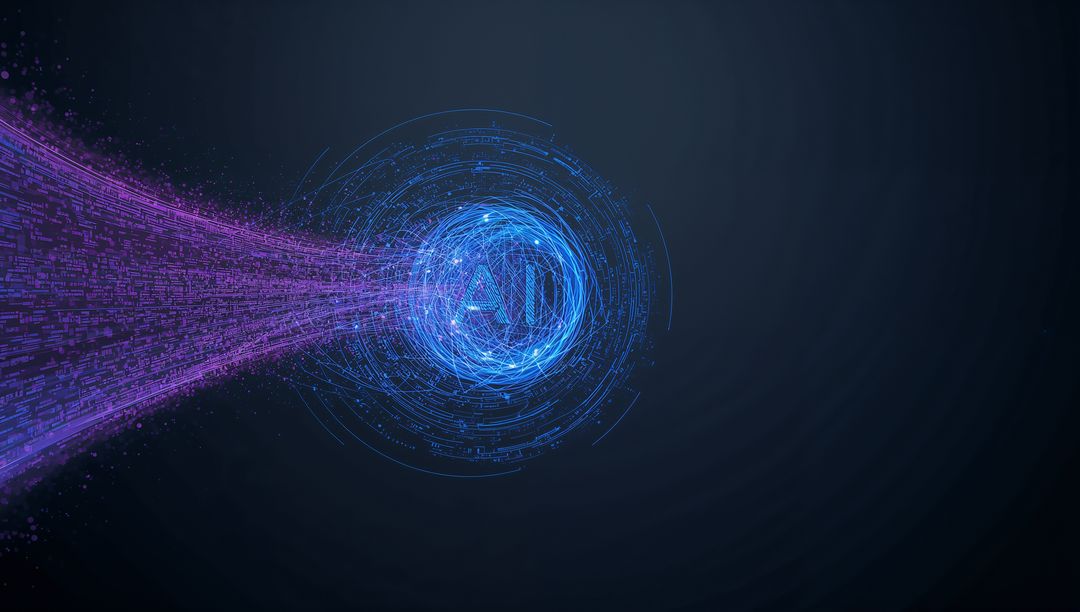 Neon AI Core Pulling Magenta Data Stream into Futuristic Blue Circuit Hub