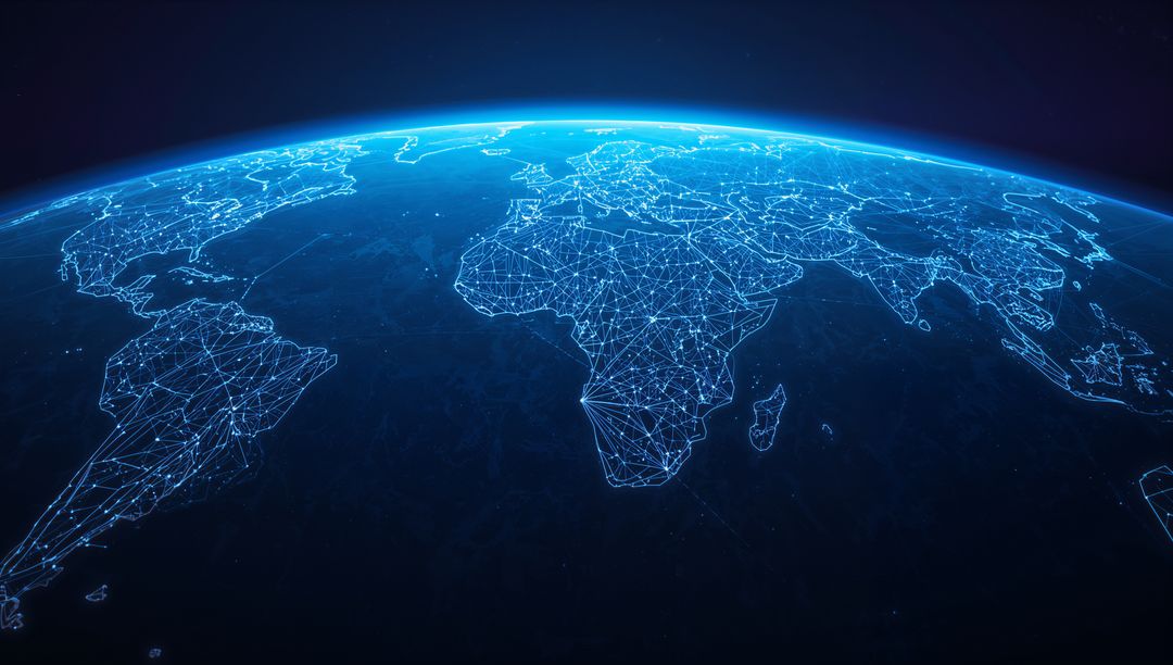 Neon-Blue Global Network Over Earth From Low Orbit Showing Connected Continents
