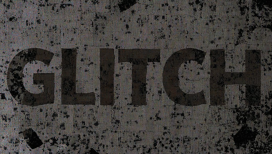 Glitch Grunge Halftone Typography Poster with Distressed Ink Splatters and Grainy Monochrome