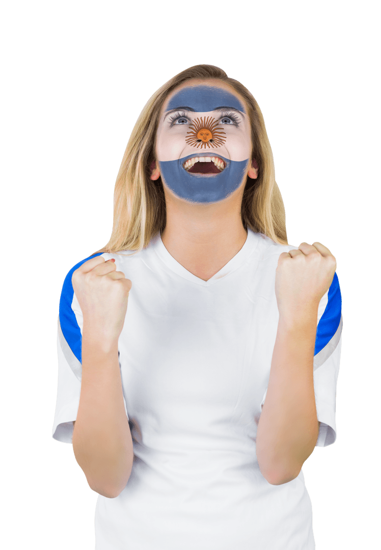 Excited Argentina Fan Cheering with Flag Face Paint on Transparent Background