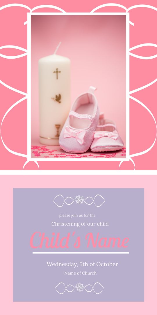 Christening Invitation Pink Theme with Shoes and Candle - Download Free Stock Templates Pikwizard.com