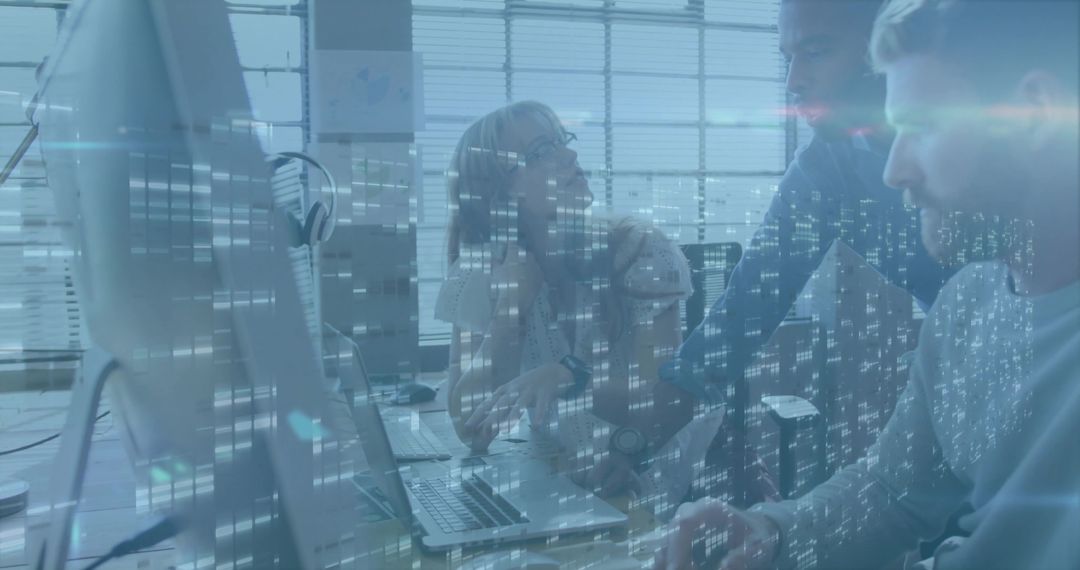 Developers Collaborating on Code in Modern Office with Digital Overlay