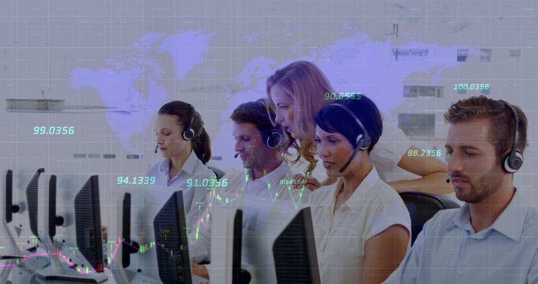 Customer Support Team Analyzing Global Market Trends with Headsets - Free Images, Stock Photos and Pictures on Pikwizard.com