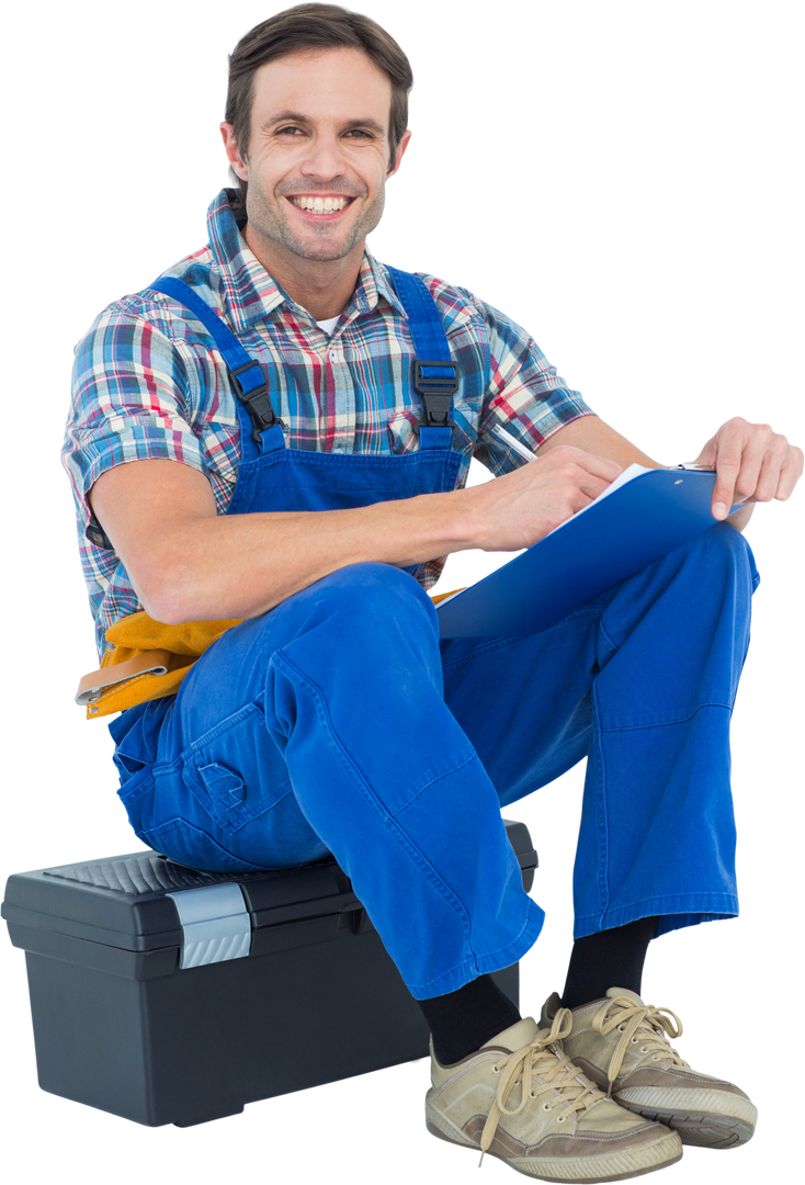 Transparent Plumber Sitting with Clipboard on Toolbox - Download Free Stock Images Pikwizard.com