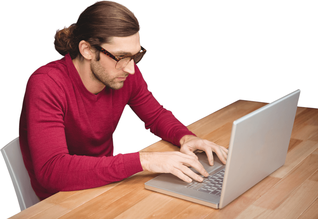 Transparent Young Man Focused on Laptop Usage at Wooden Desk