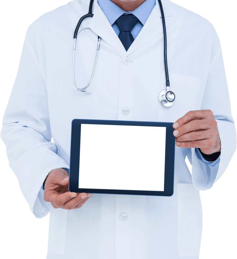 Transparent Doctor Displaying Digital Tablet for Medical Tech Concept
