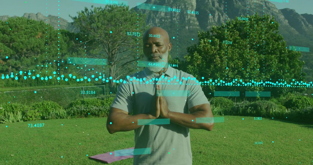 Mindful Meditation Outdoors with Futuristic Data Overlay