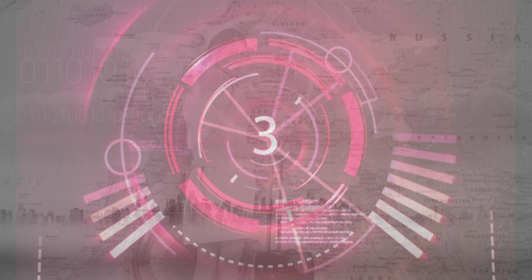 High-tech countdown timer on digital map background