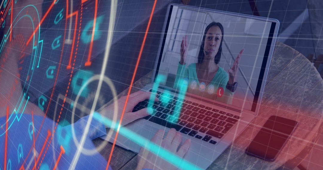 Woman Conducting Video Call with Digital Interface Overlay