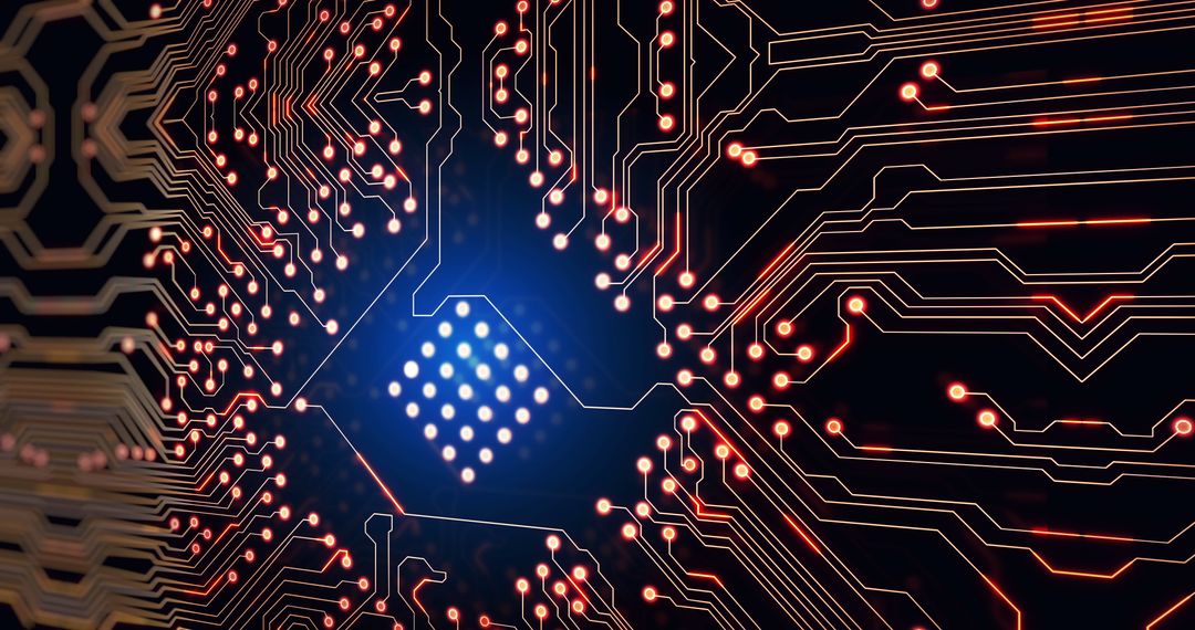 Complex Circuit Board Design with Glowing Network Connections