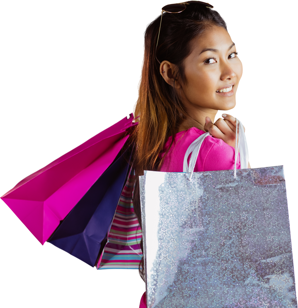 Smiling Asian Woman Carrying Colorful Shopping Bags on Transparent Background - Download Free Stock Images Pikwizard.com