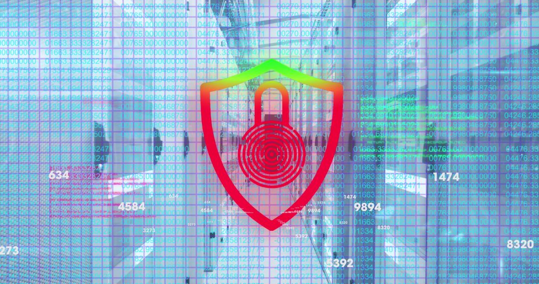 Digital Security Concept with Shield and Padlock Icon Over Data Grid
