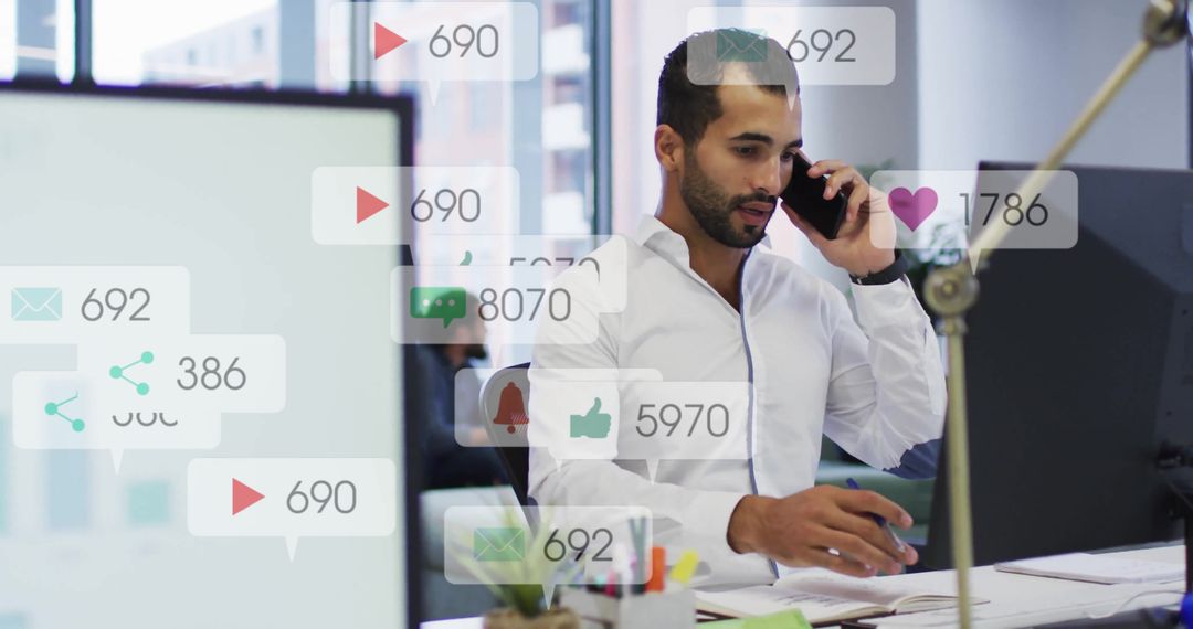 Businessman Engaged in Mobile Call with Social Media Interface