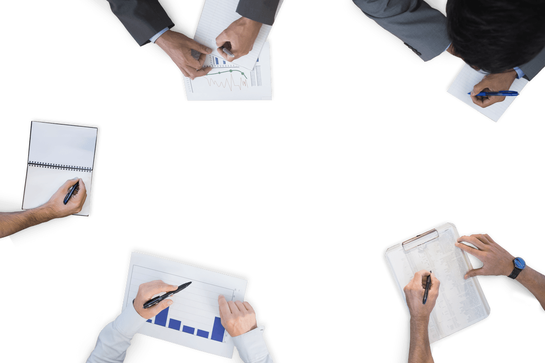 Top View Transparent Meeting Table with Business Hands Writing