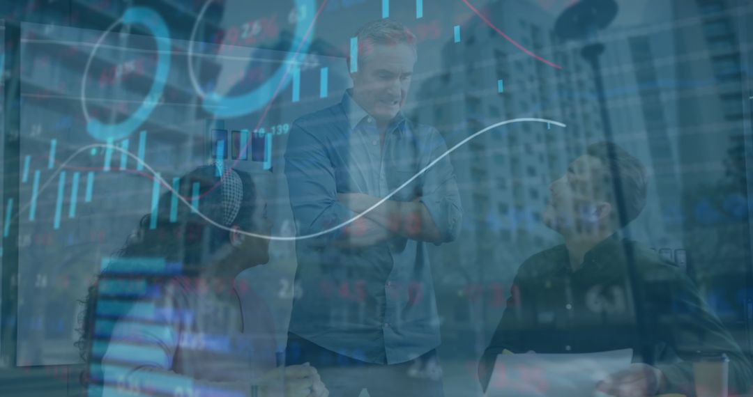 Business Team with Financial Data Overlay in Urban Office