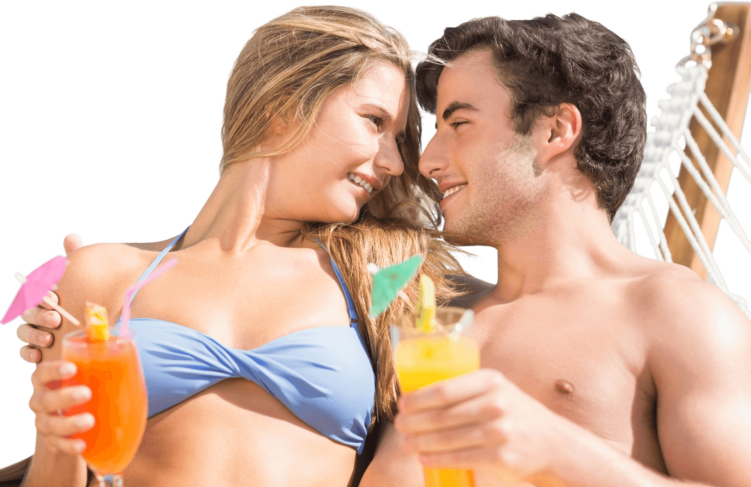 Happy Couple Relaxing in Hammock with Tropical Drinks Transparent