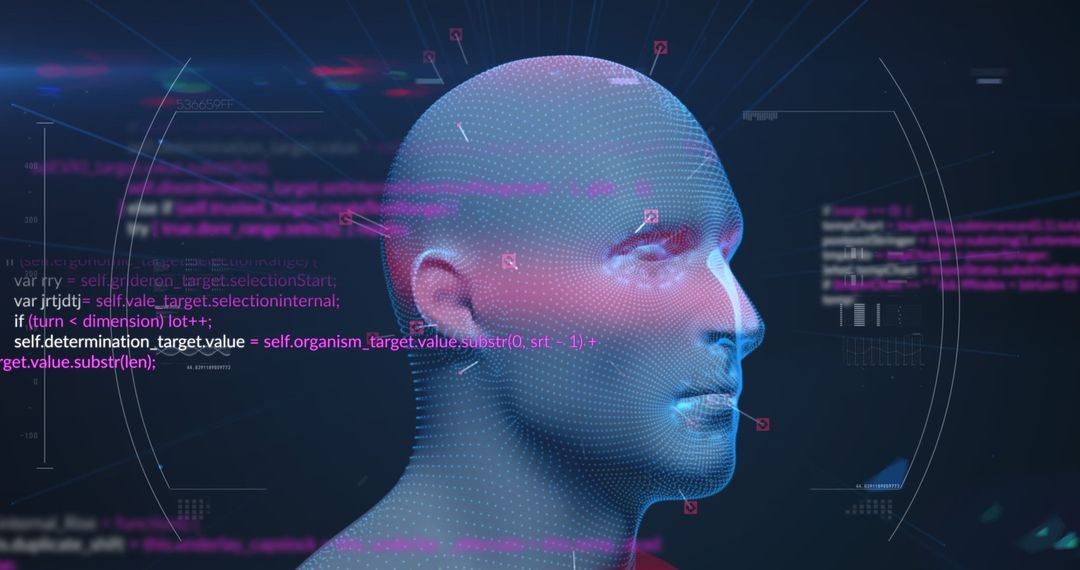 Futuristic Digital Head with Data Streams on Black Background