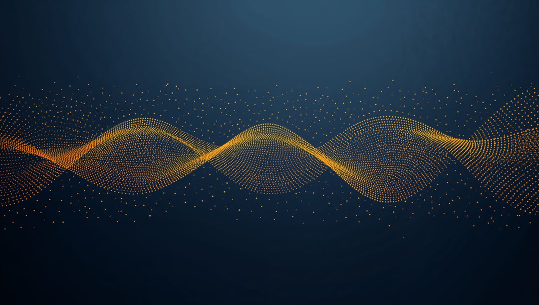 Golden dotted wave flowing across deep navy backdrop with glowing particle stream