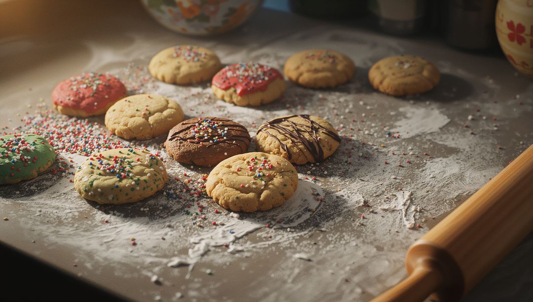 Colorful Sugar Cookies with Sprinkles on Rustic Kitchen Countertop