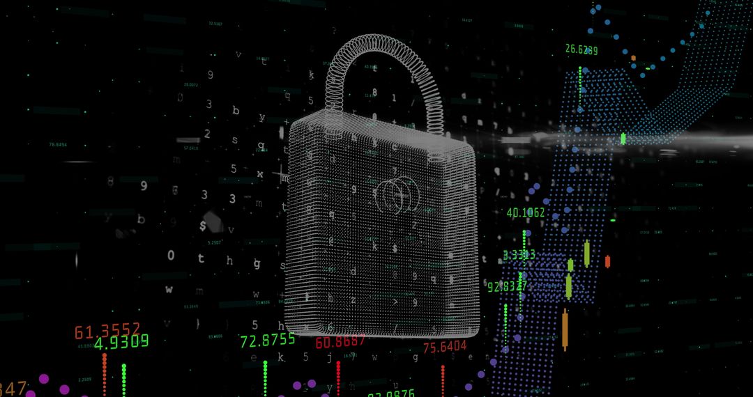 3D Padlock Over Digital Dashboard Featuring Cybersecurity and Financial Analytics
