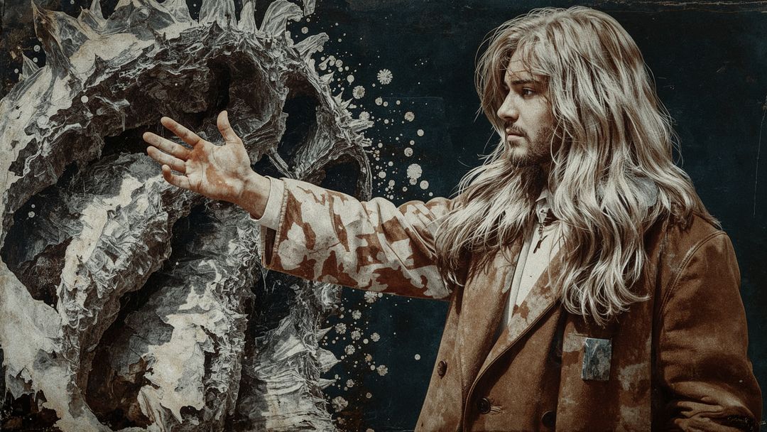 Artist with Long Hair Interacting with Abstract Textured Sculpture