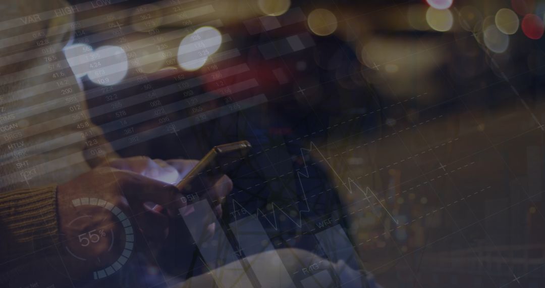 Financial Data Overlays while Caucasian Man Uses Smartphone at Night