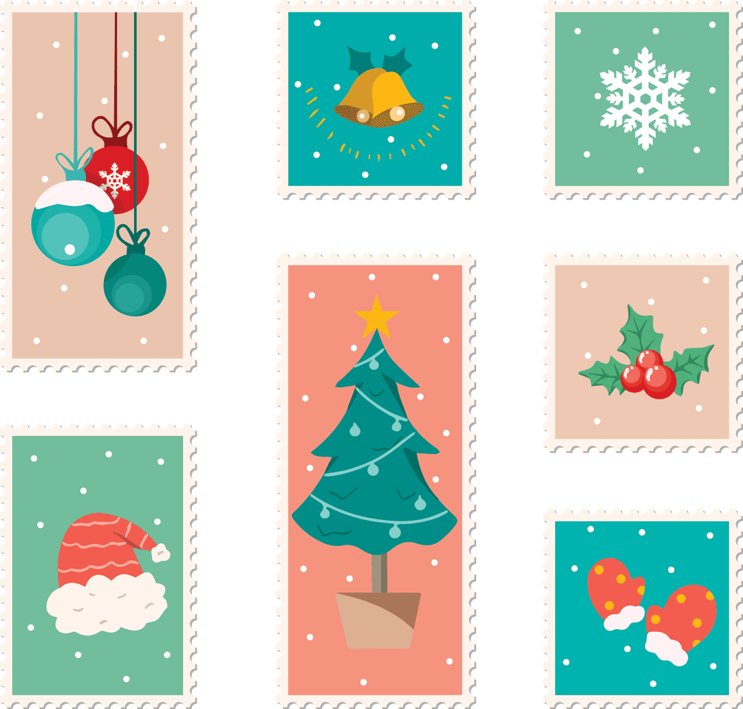 Vintage Christmas Stamps Border on Transparent Background