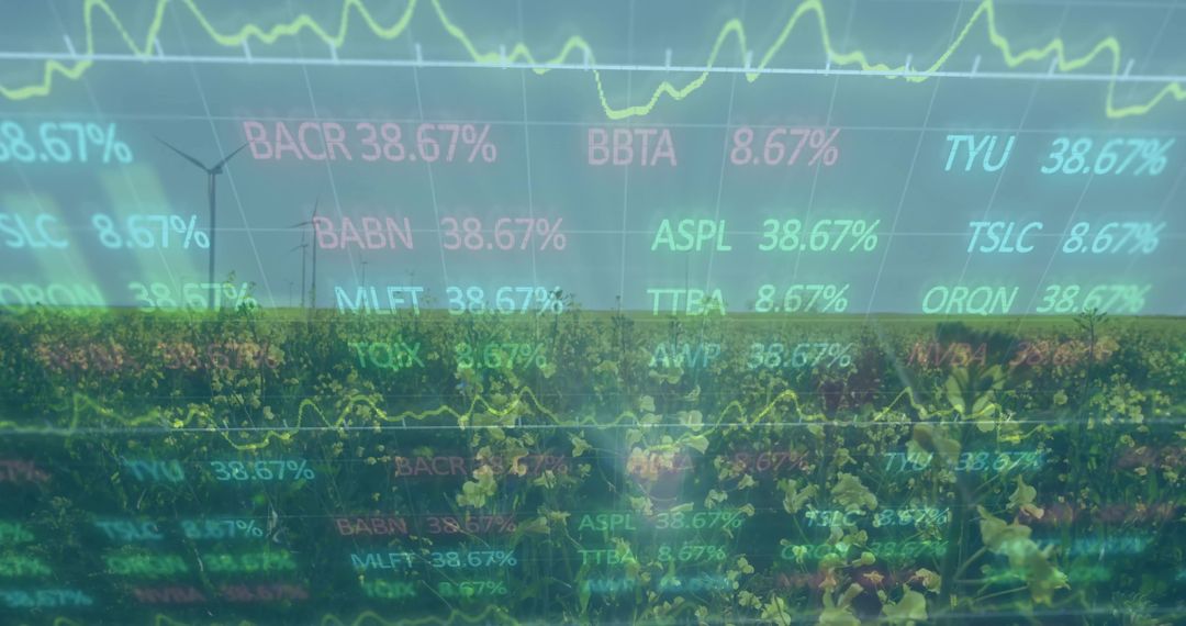 Wind Turbines and Flowering Crop Field Merging with Financial Tickers and Market Charts